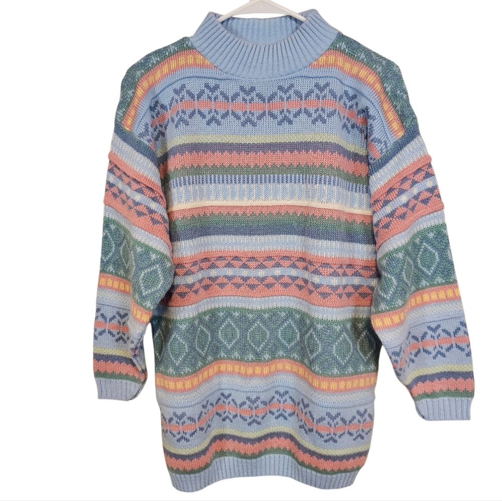 Vintage Fair Isle Southwestern Turtleneck Knit Long Aztec Pastel Colors Sweater